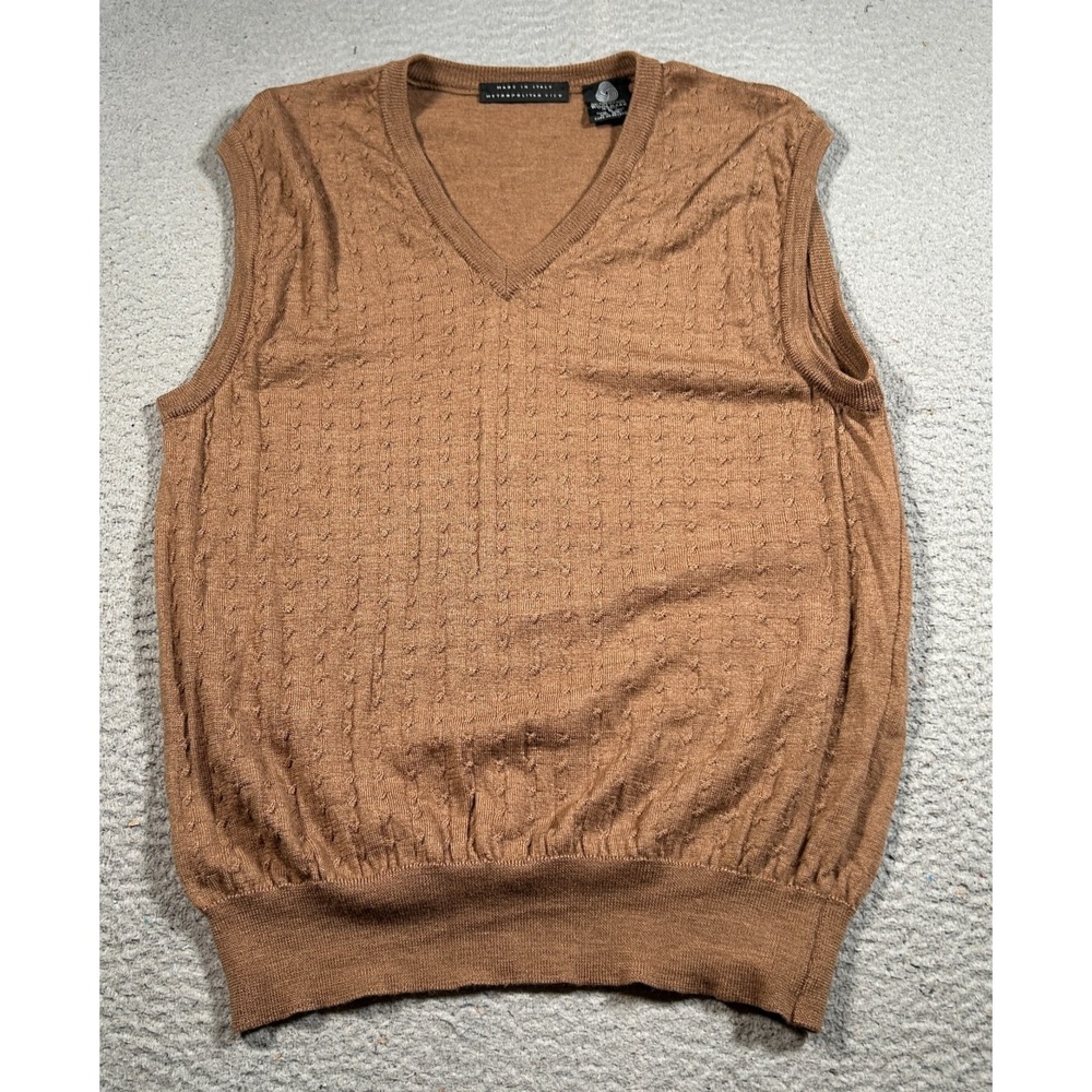 Metropolitan View Sweater Vest Mens Large Brown Wool Cable Knit Ribbed V Neck